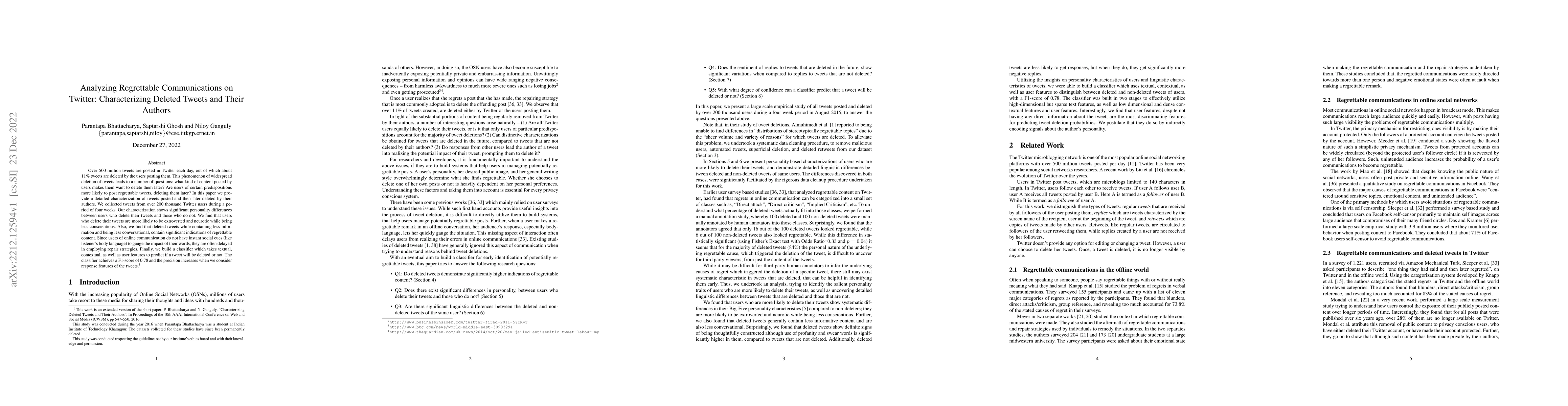 Thumbnail for Analyzing Regrettable Communications on Twitter: Characterizing Deleted
  Tweets and Their Authors