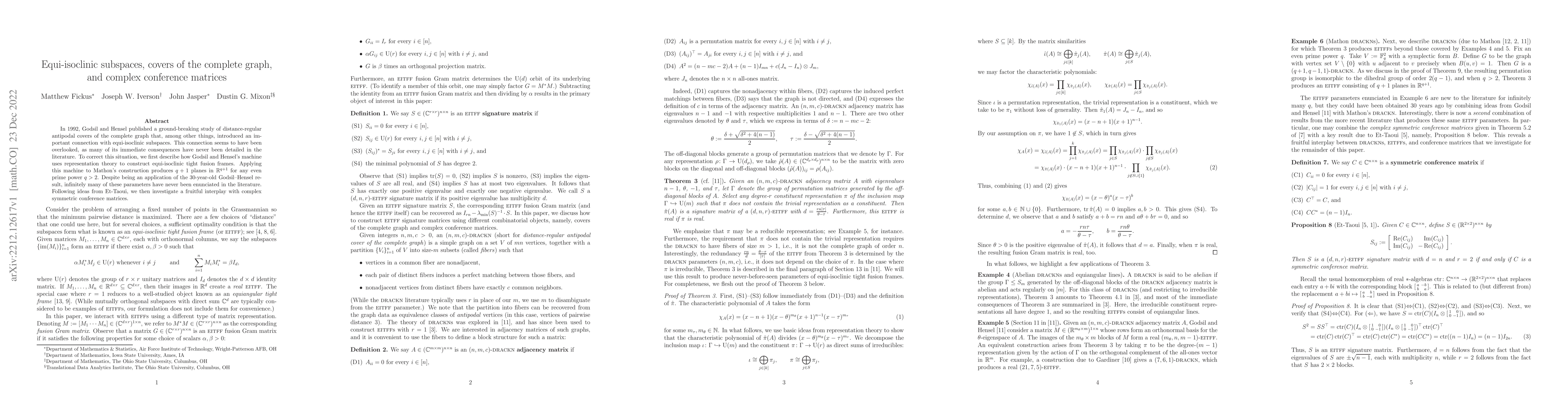 Thumbnail for Equi-isoclinic subspaces, covers of the complete graph, and complex
  conference matrices