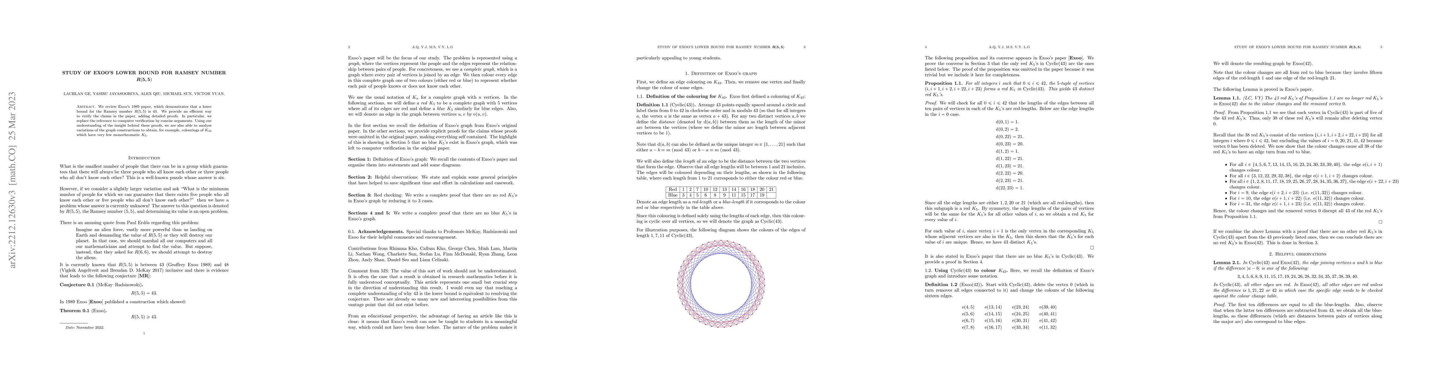 Thumbnail for Study of Exoo's Lower Bound for Ramsey number $R(5,5)$