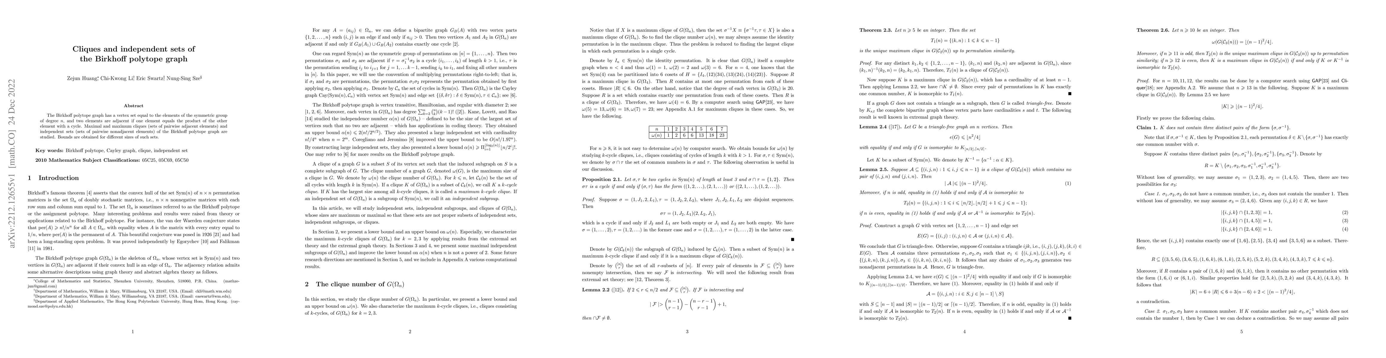 Thumbnail for Cliques and independent sets of the Birkhoff polytope graph