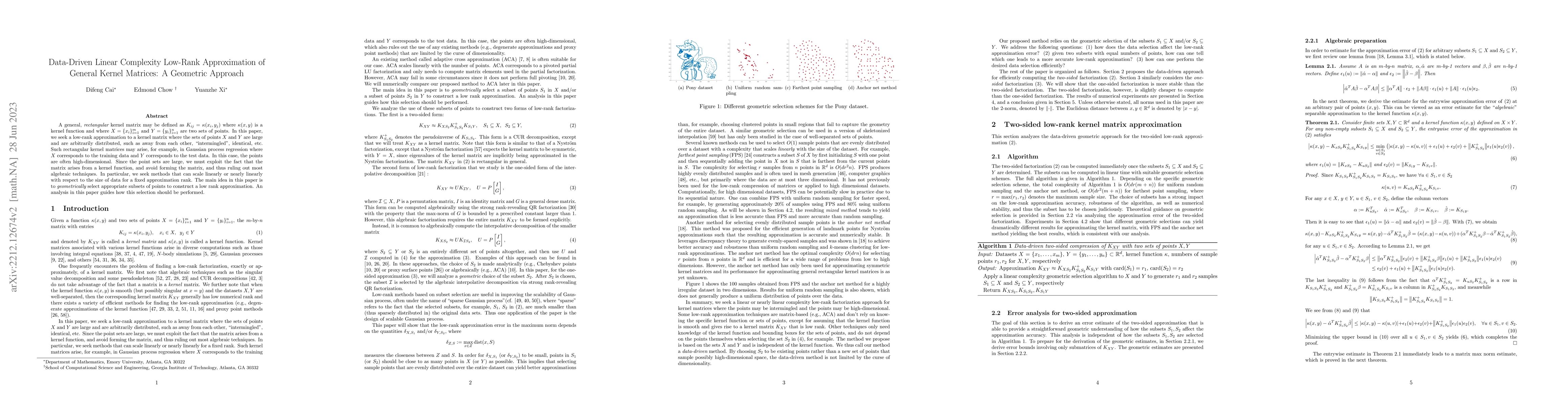 Thumbnail for Data-Driven Linear Complexity Low-Rank Approximation of General Kernel
  Matrices: A Geometric Approach