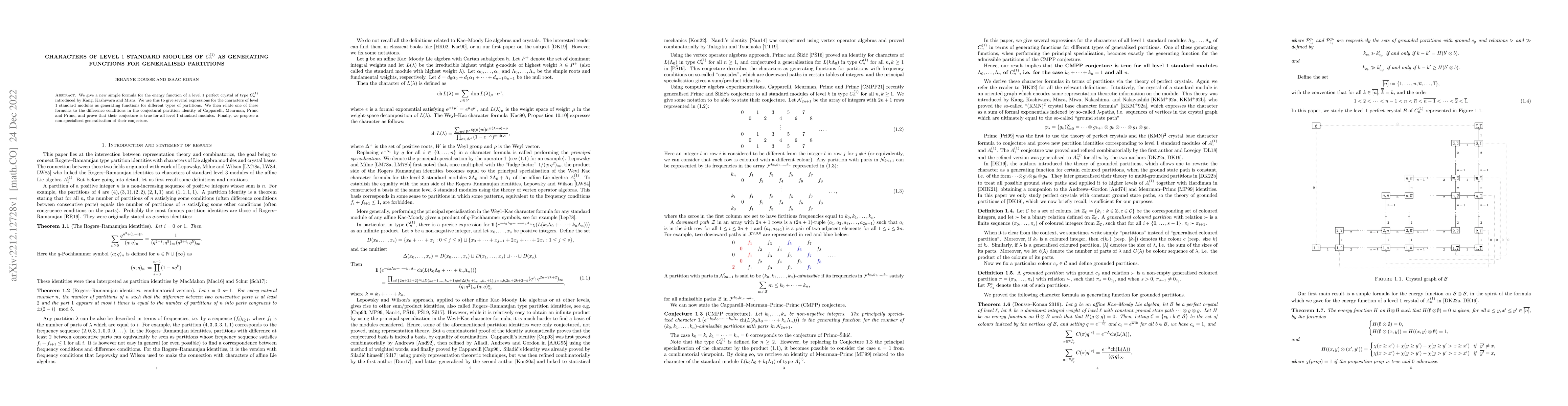 Thumbnail for Characters of level $1$ standard modules of $C_n^{(1)}$ as generating
  functions for generalised partitions