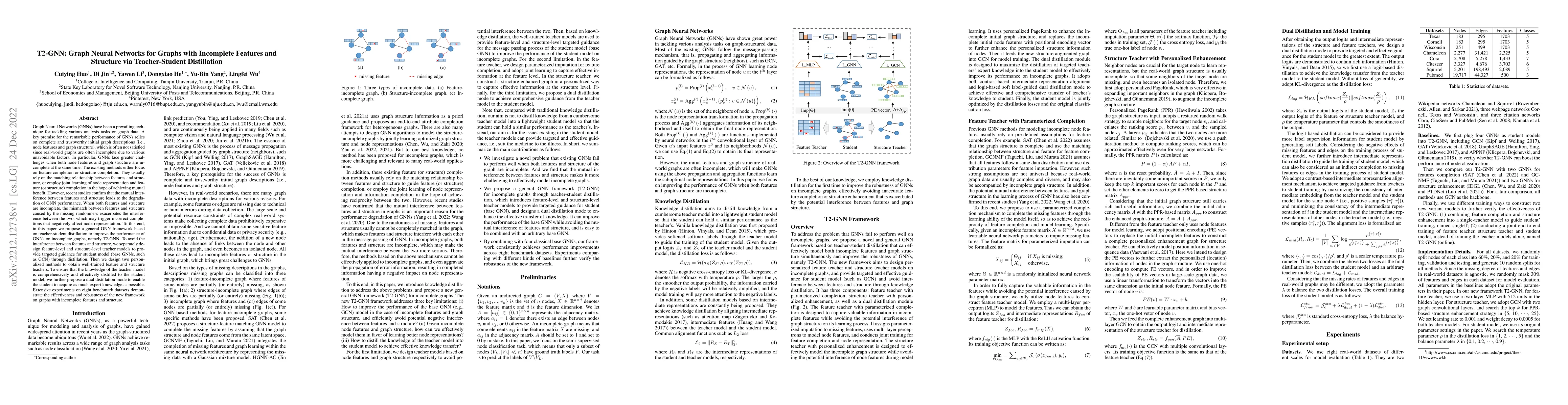 Thumbnail for T2-GNN: Graph Neural Networks for Graphs with Incomplete Features and
  Structure via Teacher-Student Distillation