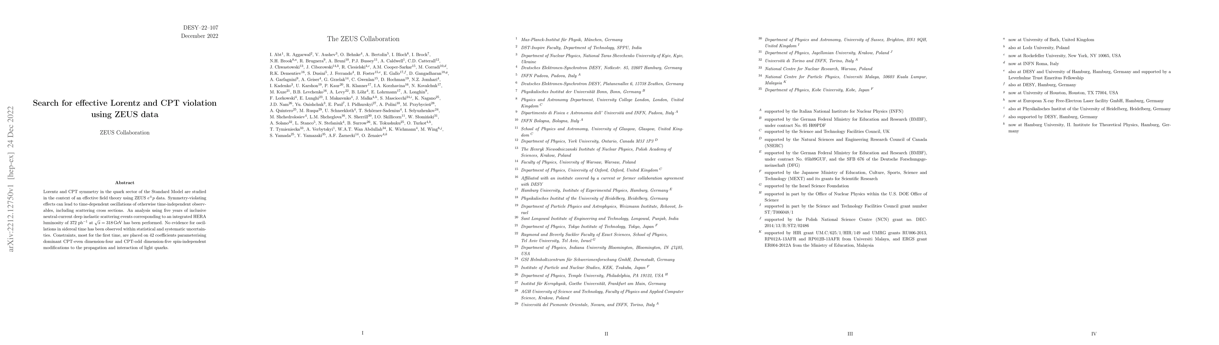 Thumbnail for Search for effective Lorentz and CPT violation using ZEUS data