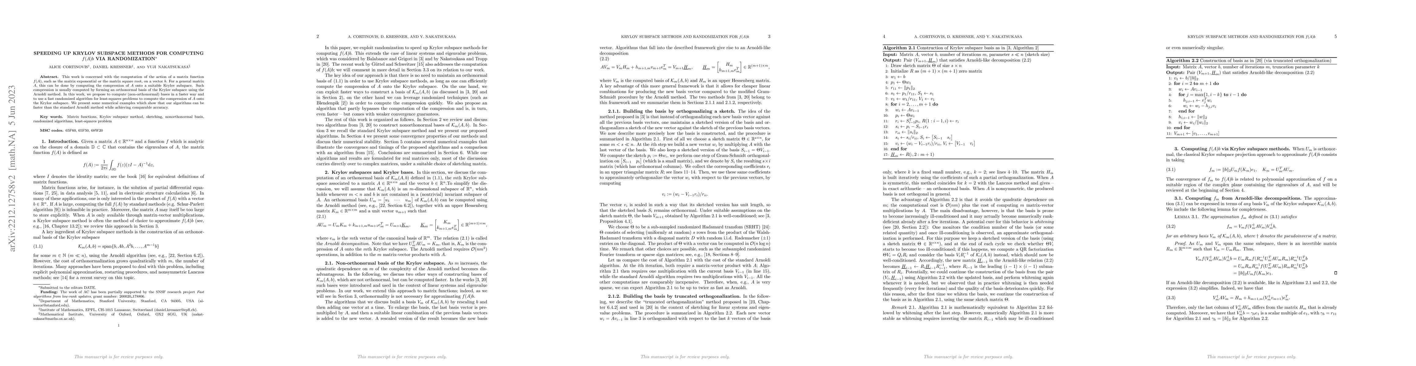 Thumbnail for Speeding up Krylov subspace methods for computing f(A)b via
  randomization