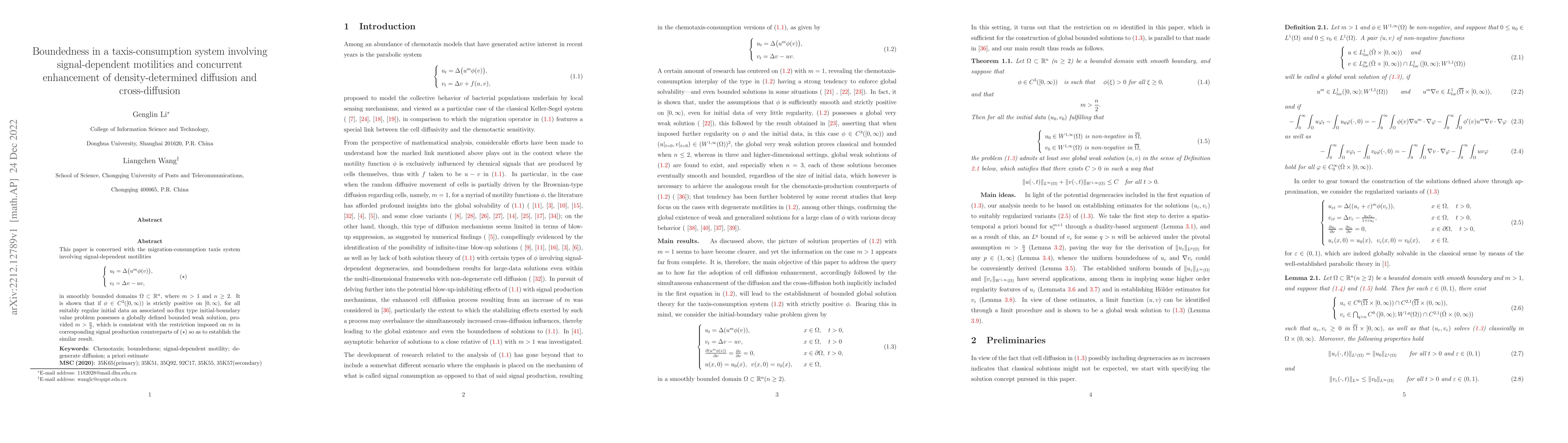 Thumbnail for Boundedness in a taxis-consumption system involving signal-dependent
  motilities and concurrent enhancement of density-determined diffusion and
  cross-diffusion
