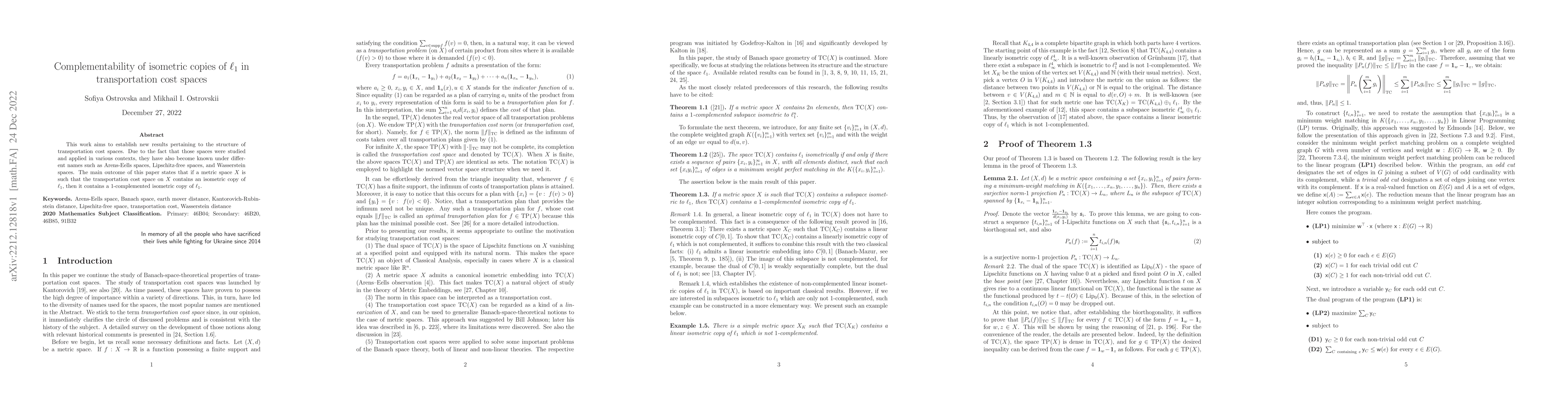 Thumbnail for Complementability of isometric copies of $\ell_1$ in transportation cost
  spaces