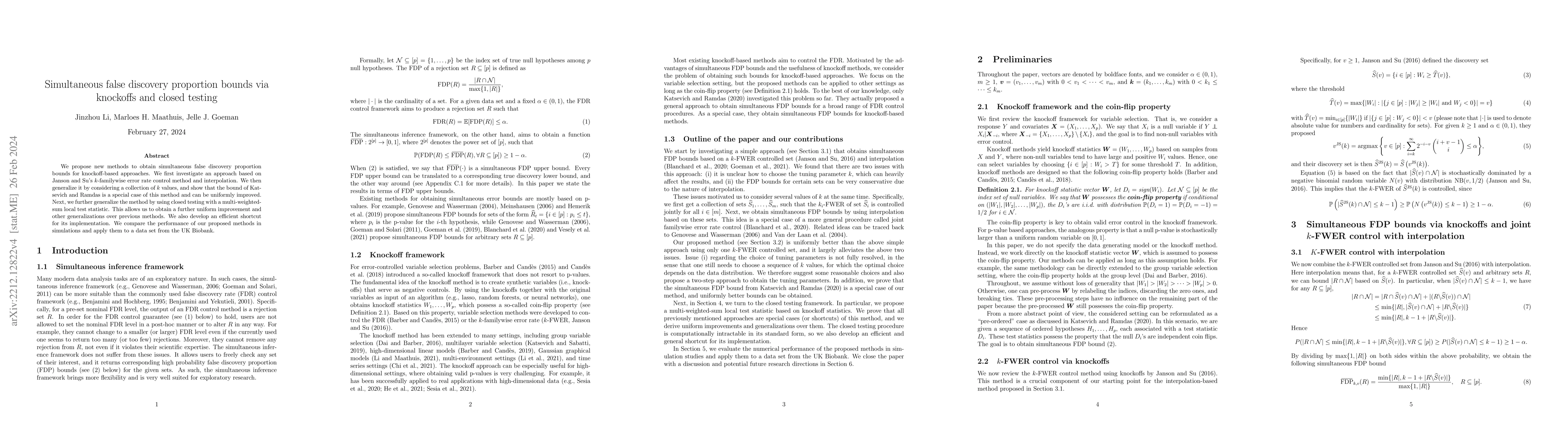 Thumbnail for Simultaneous false discovery proportion bounds via knockoffs and closed
  testing