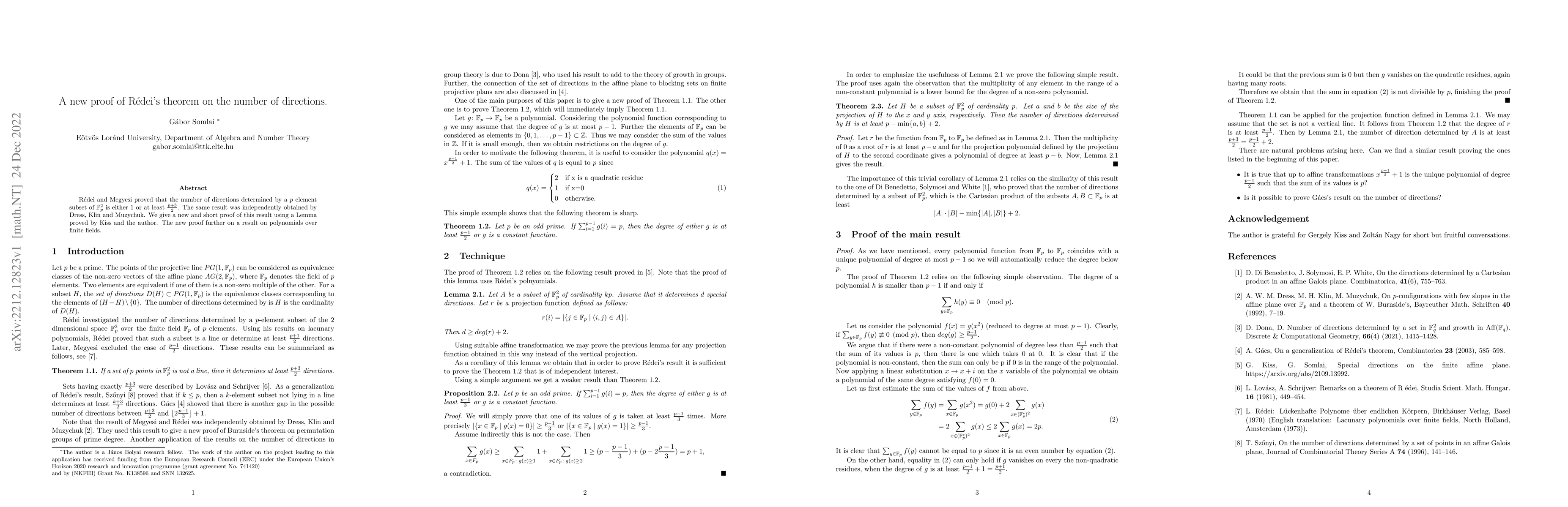 Thumbnail for A new proof of R\'edei's theorem on the number of directions