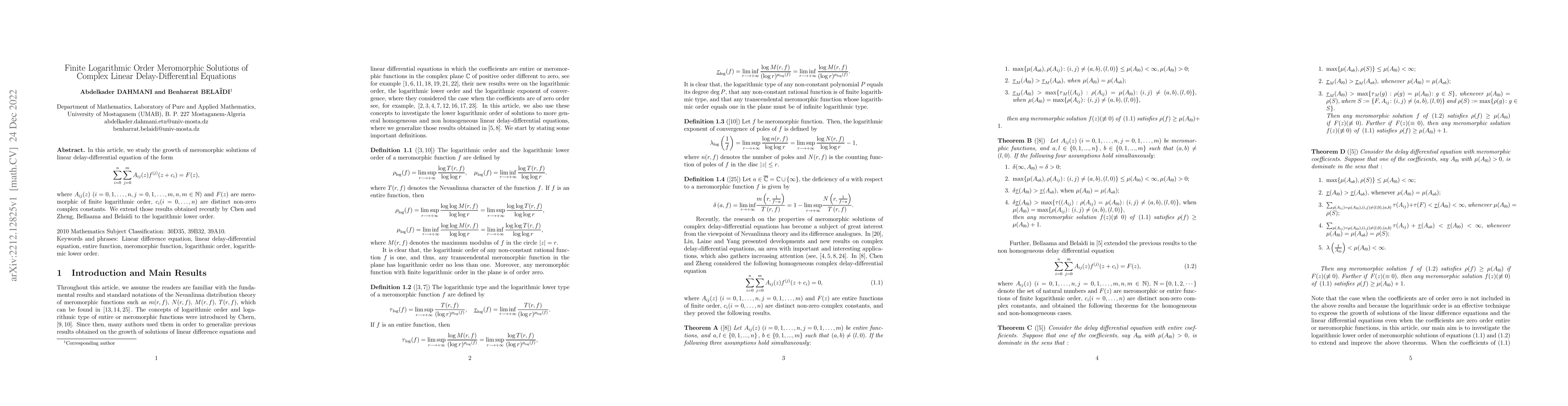 Thumbnail for Finite Logarithmic Order Meromorphic Solutions of Complex Linear
  Delay-Differential Equations