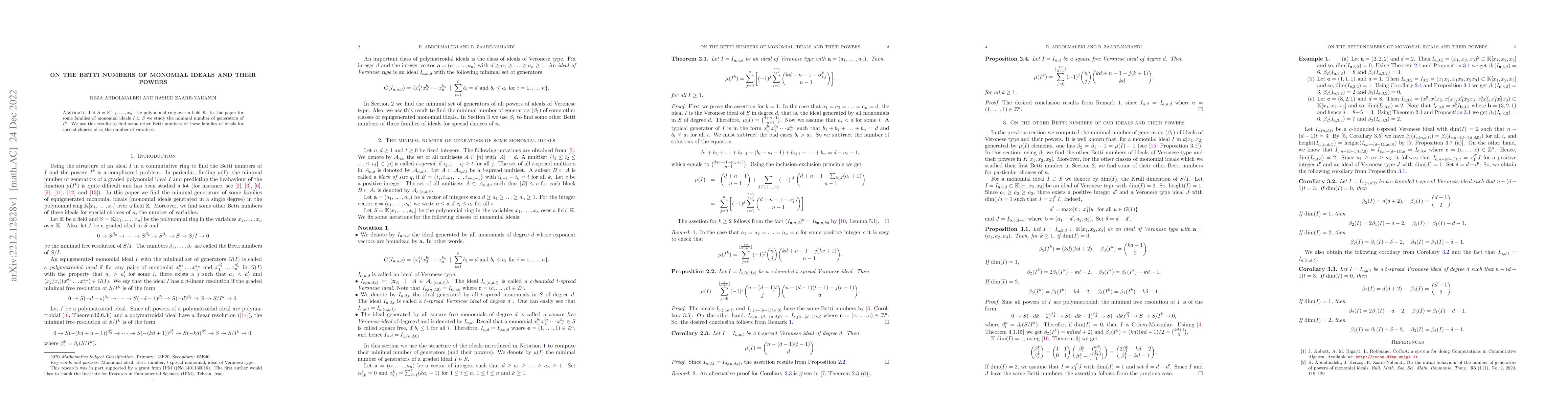 Thumbnail for On the Betti numbers of monomial ideals and their powers