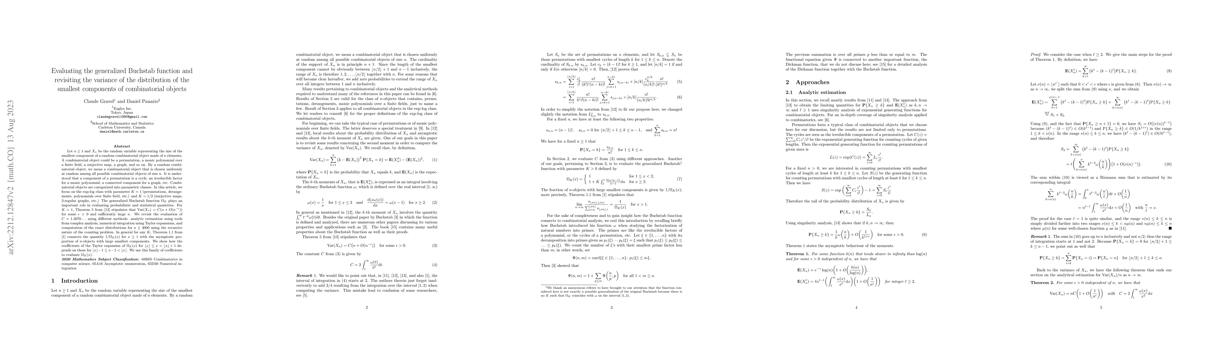 Thumbnail for Evaluating the generalized Buchshtab function and revisiting the
  variance of the distribution of the smallest components of combinatorial
  objects