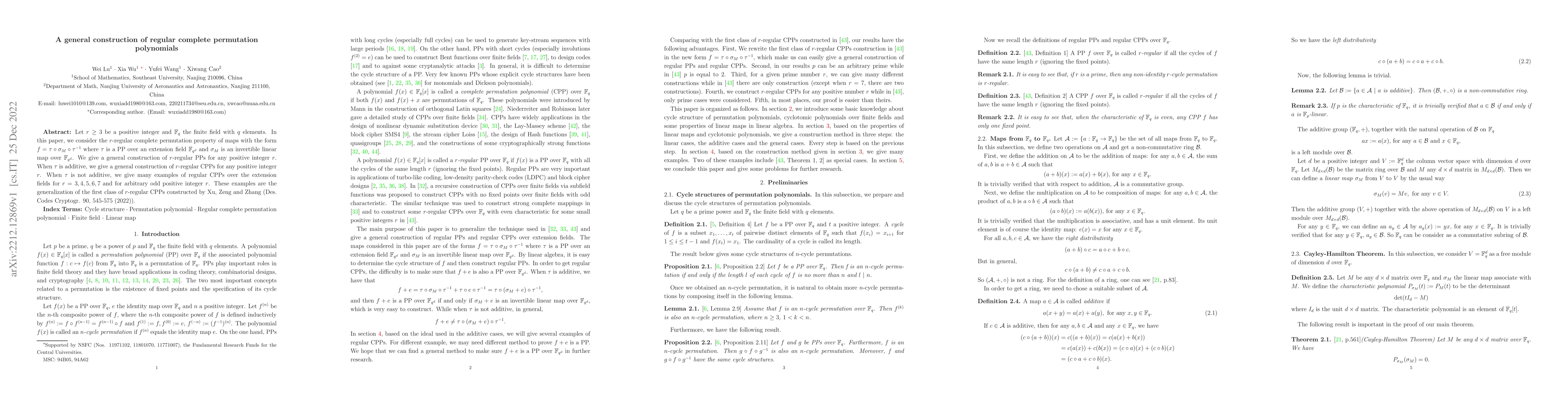 Thumbnail for A general construction of regular complete permutation polynomials