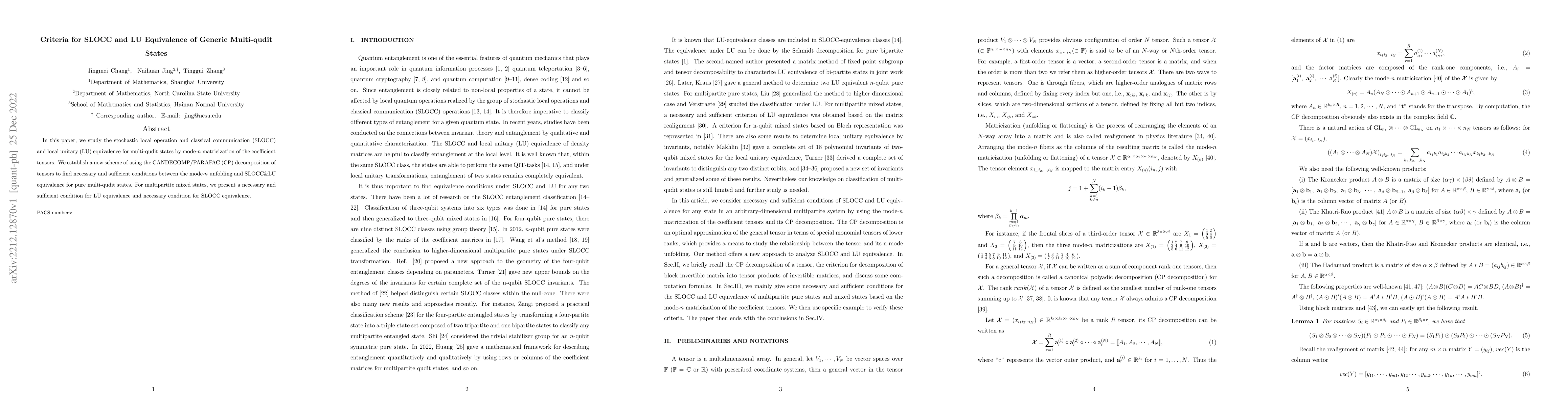 Thumbnail for Criteria for SLOCC and LU Equivalence of Generic Multi-qudit States