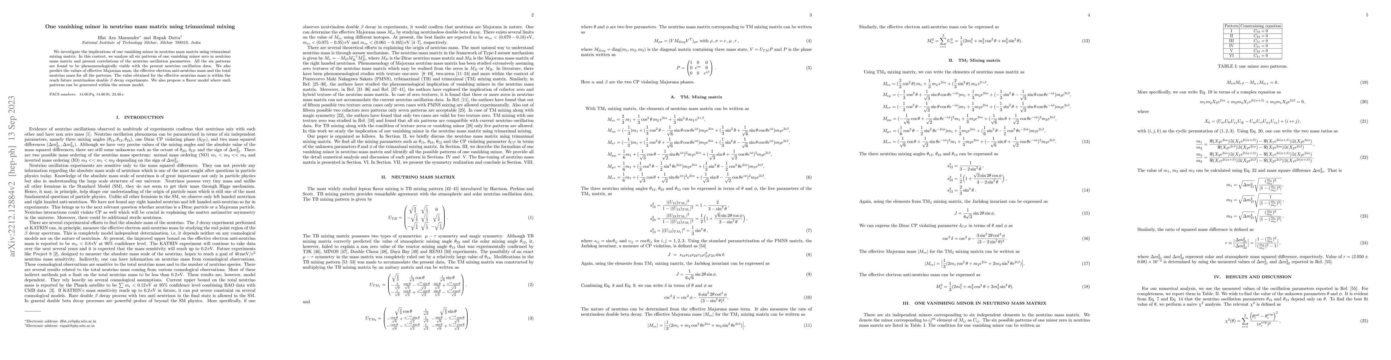 Thumbnail for One vanishing minor in neutrino mass matrix using trimaximal mixing