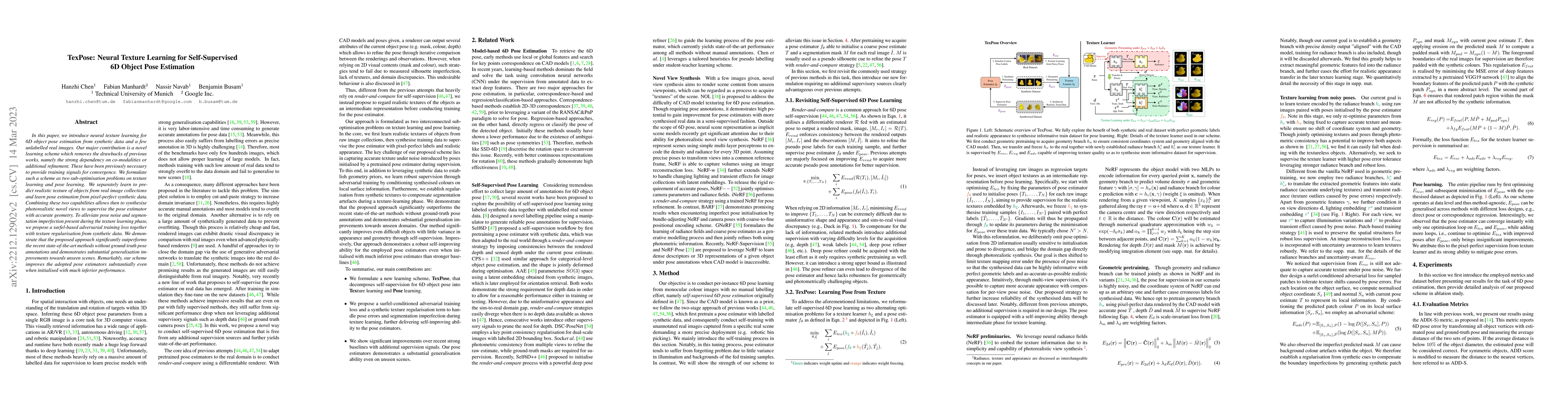 Thumbnail for TexPose: Neural Texture Learning for Self-Supervised 6D Object Pose
  Estimation