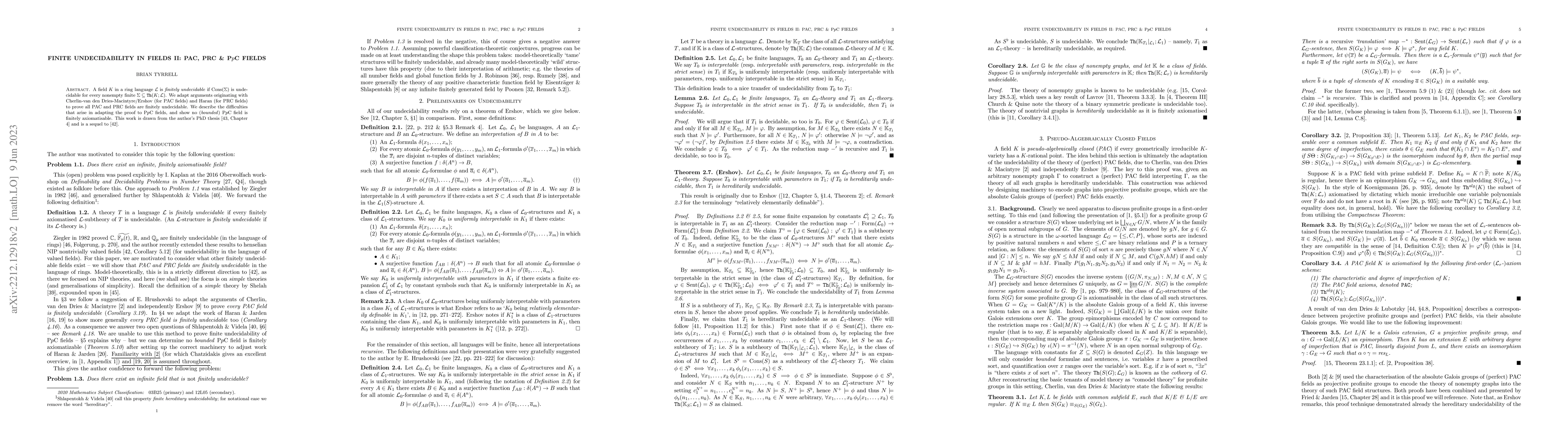 Thumbnail for Finite Undecidability in Fields II: PAC, PRC and PpC Fields