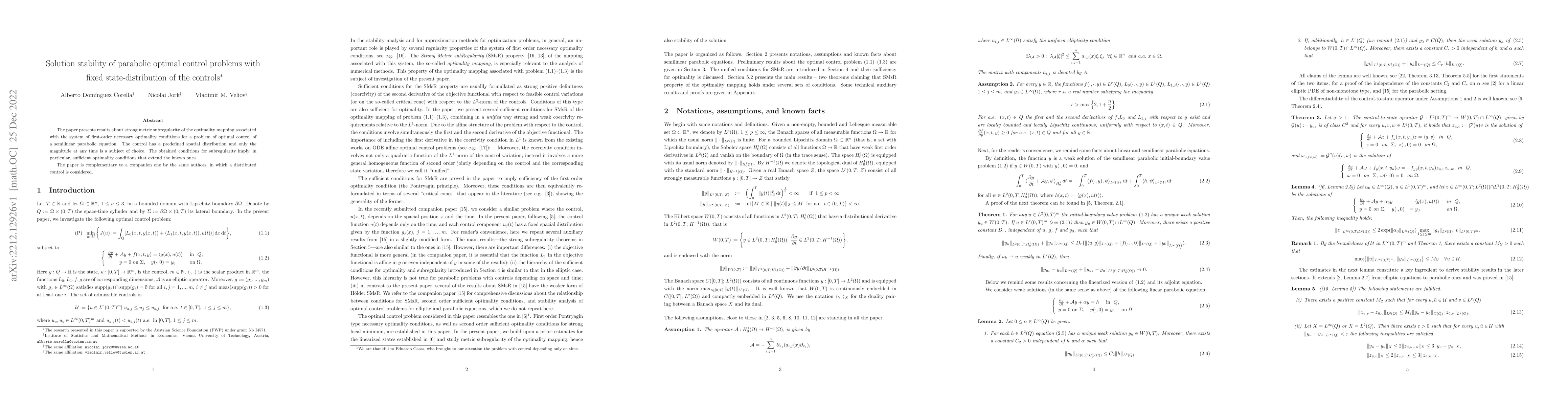 Thumbnail for Solution stability of parabolic optimal control problems with fixed
  state-distribution of the controls