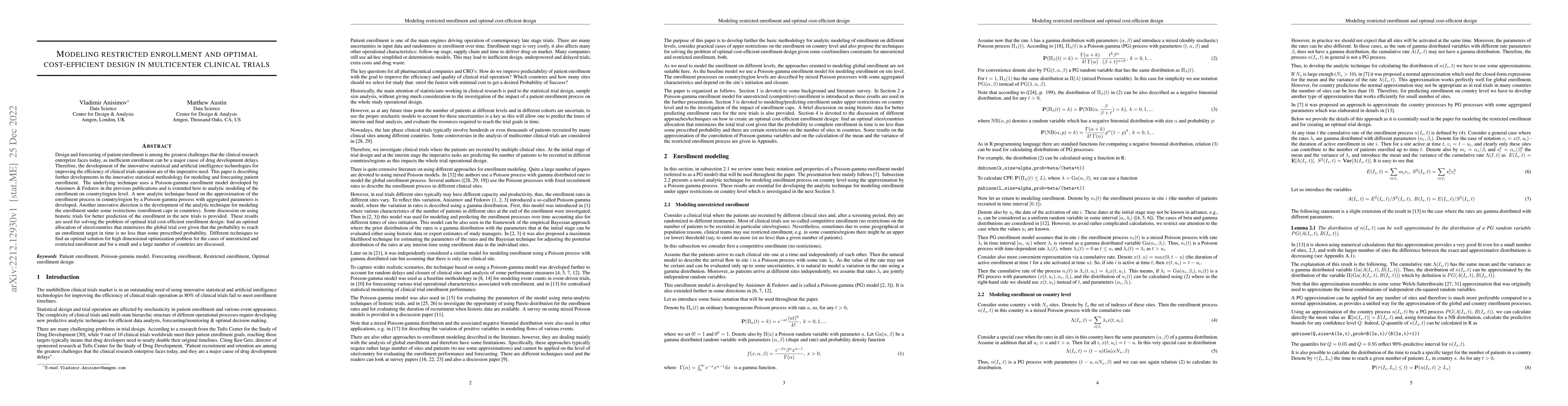 Thumbnail for Modeling restricted enrollment and optimal cost-efficient design in
  multicenter clinical trials