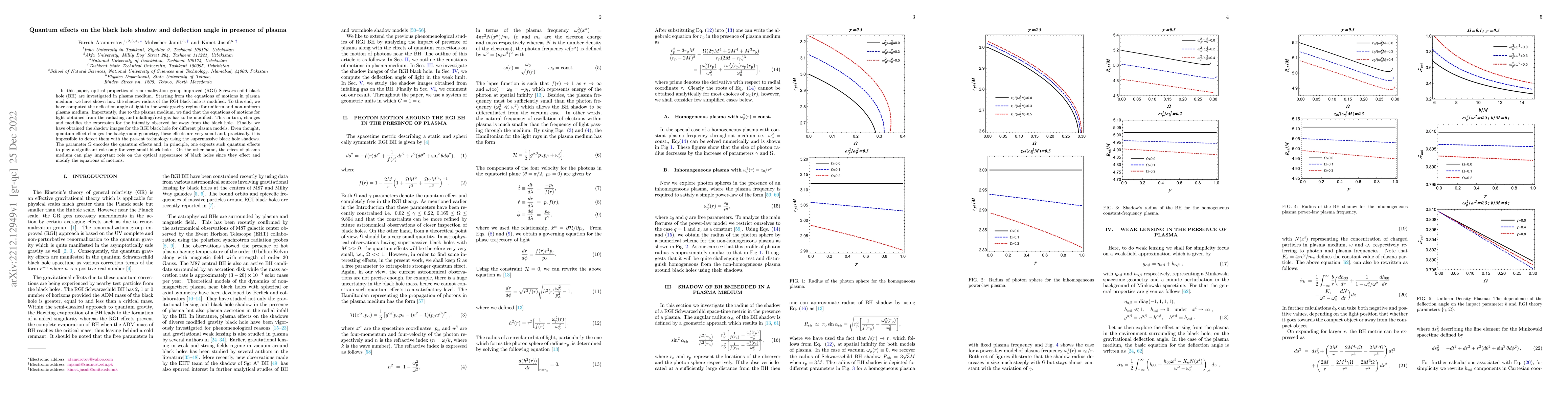 Thumbnail for Quantum effects on the black hole shadow and deflection angle in
  presence of plasma