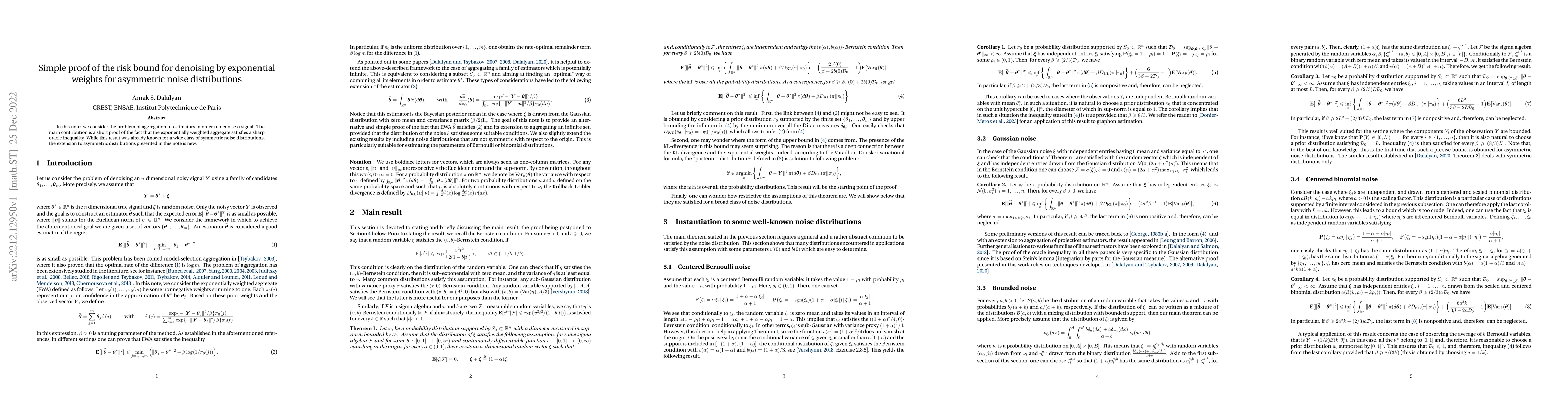 Thumbnail for Simple proof of the risk bound for denoising by exponential weights for
  asymmetric noise distributions