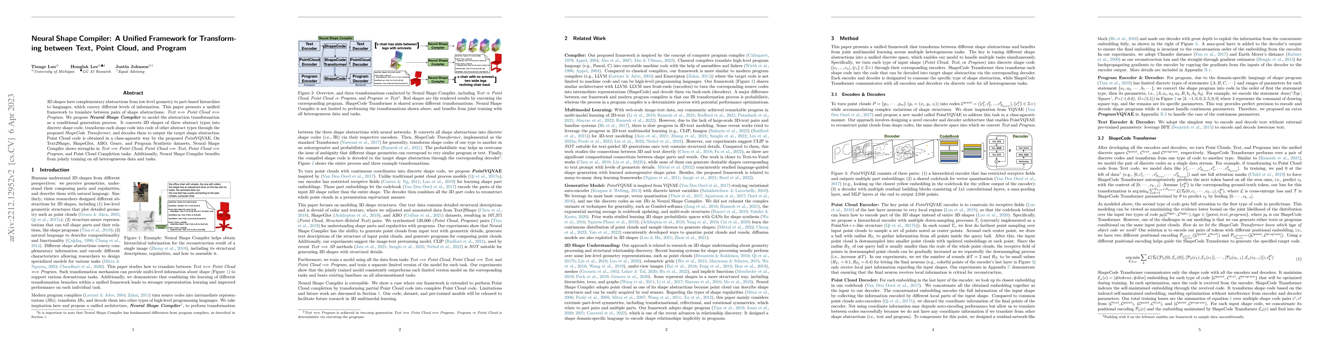 Thumbnail for Neural Shape Compiler: A Unified Framework for Transforming between
  Text, Point Cloud, and Program