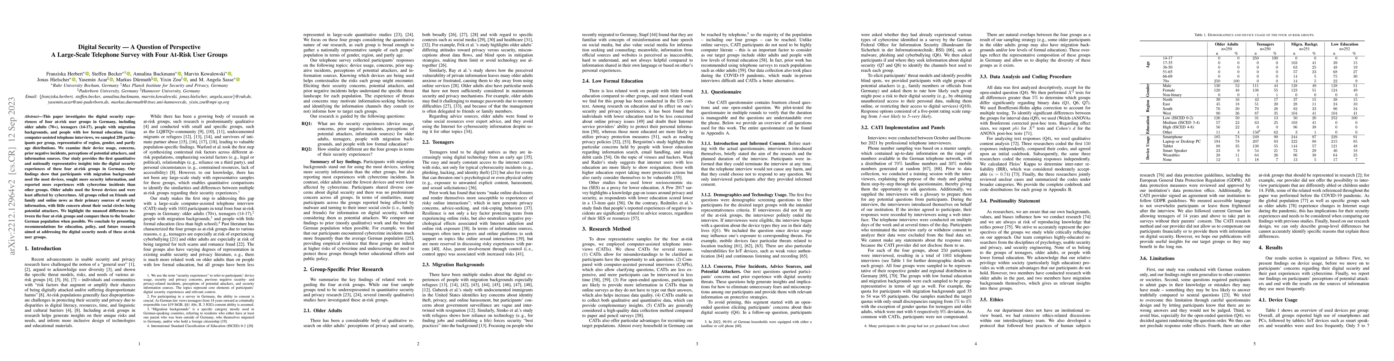 Thumbnail for Digital Security -- A Question of Perspective. A Large-Scale Telephone
  Survey with Four At-Risk User Groups