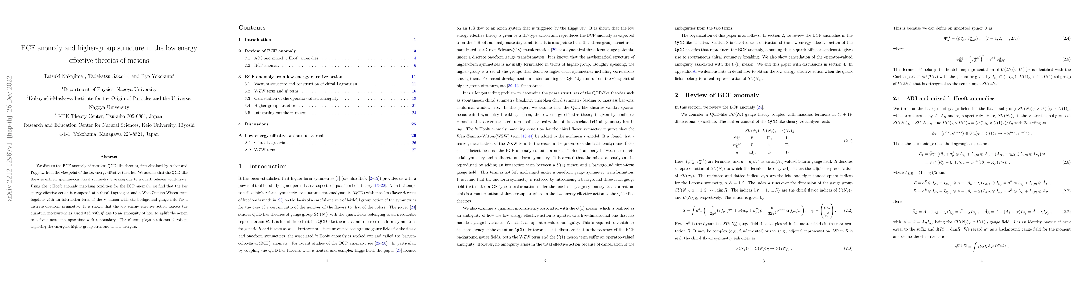 Thumbnail for BCF anomaly and higher-group structure in the low energy effective
  theories of mesons