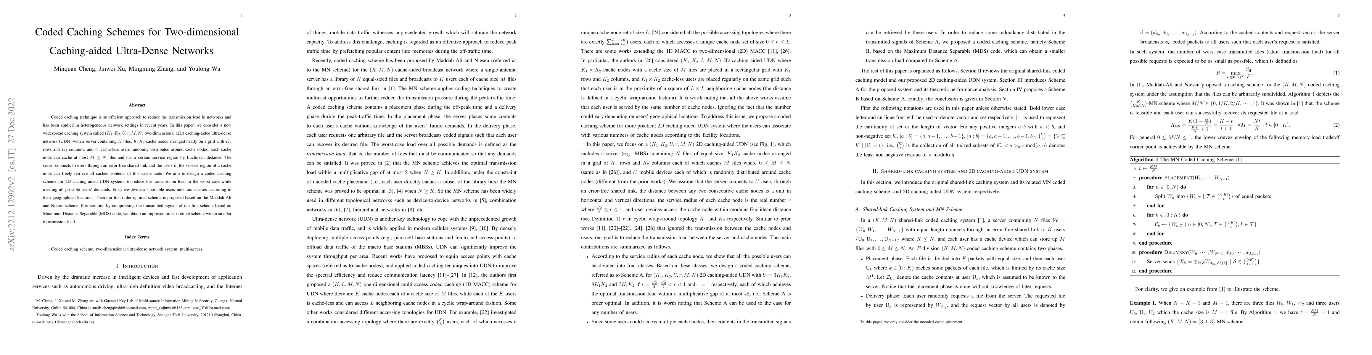 Thumbnail for Coded Caching Schemes for Two-dimensional Caching-aided Ultra-Dense
  Networks