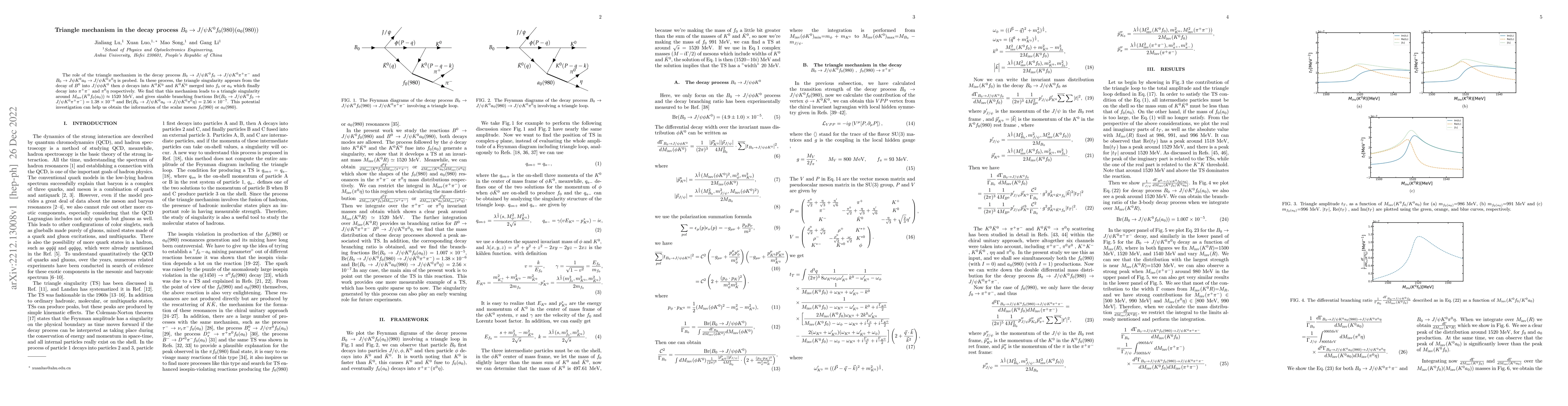 Thumbnail for Triangle mechanism in the decay process $B_0 \to J/\psi K^0
  f_0(980)(a_0(980))$