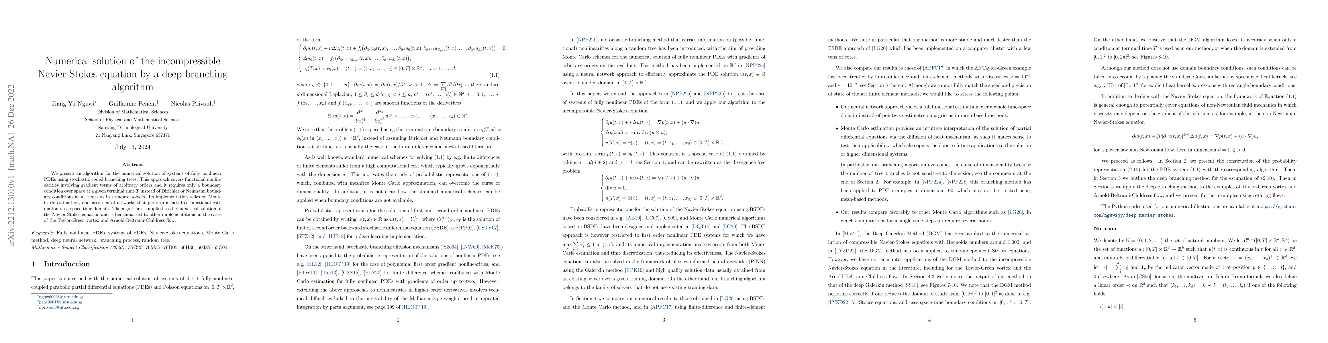 Thumbnail for Numerical solution of the incompressible Navier-Stokes equation by a
  deep branching algorithm