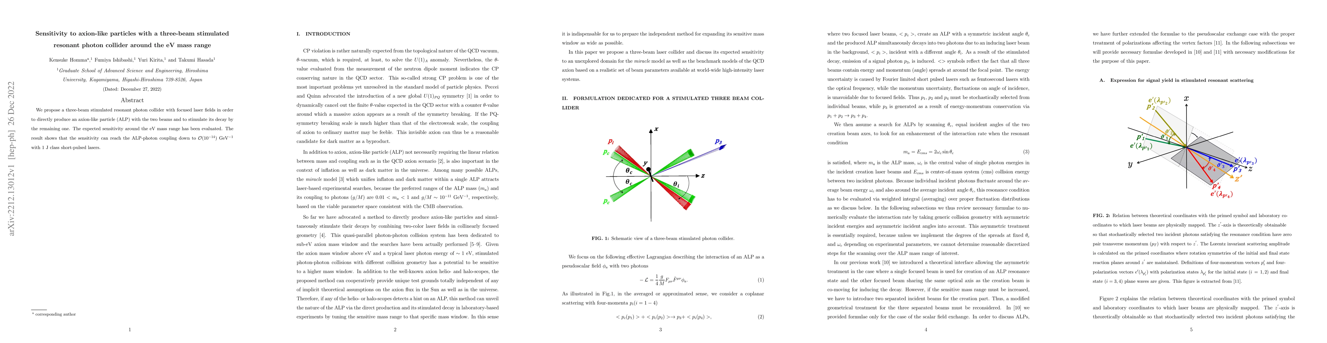 Thumbnail for Sensitivity to axion-like particles with a three-beam stimulated
  resonant photon collider around the eV mass range