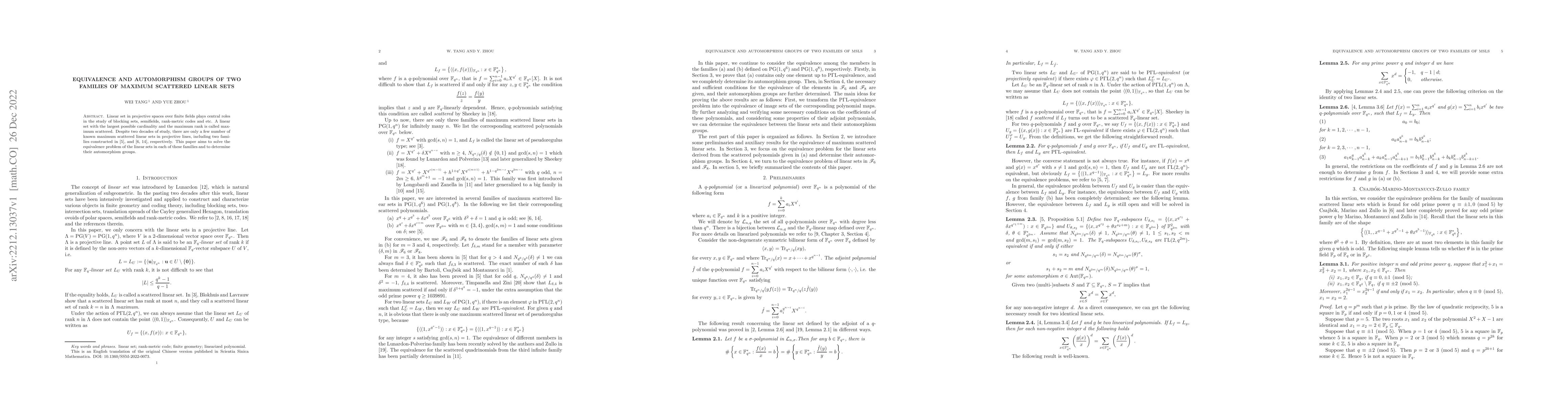 Thumbnail for Equivalence and automorphism groups of two families of maximum scattered
  linear sets