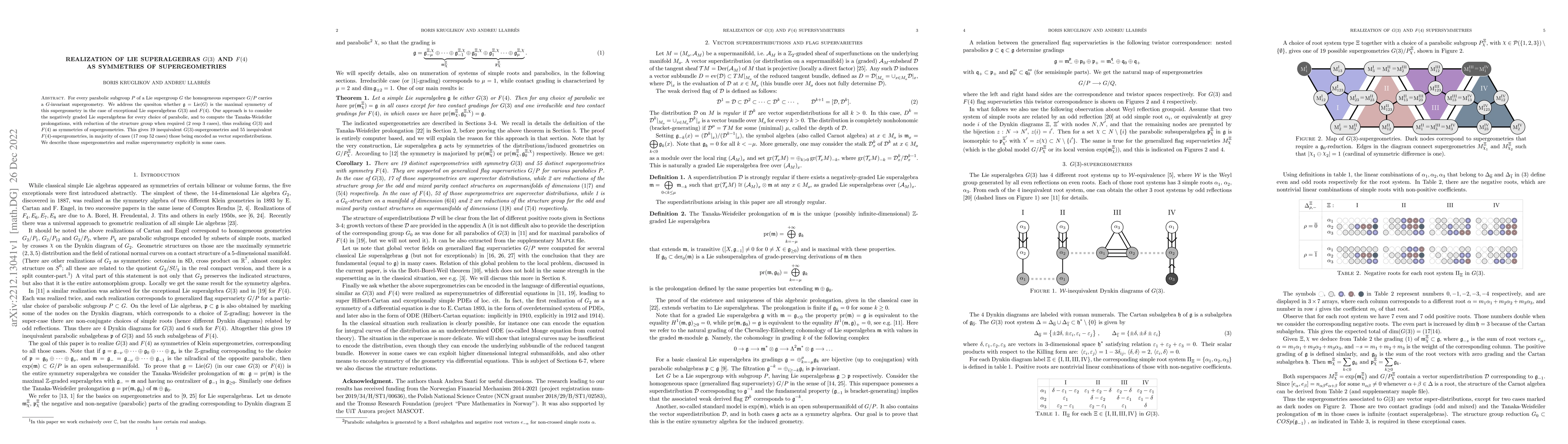 Thumbnail for Realization of Lie superalgebras G(3) and F(4) as symmetries of
  supergeometries