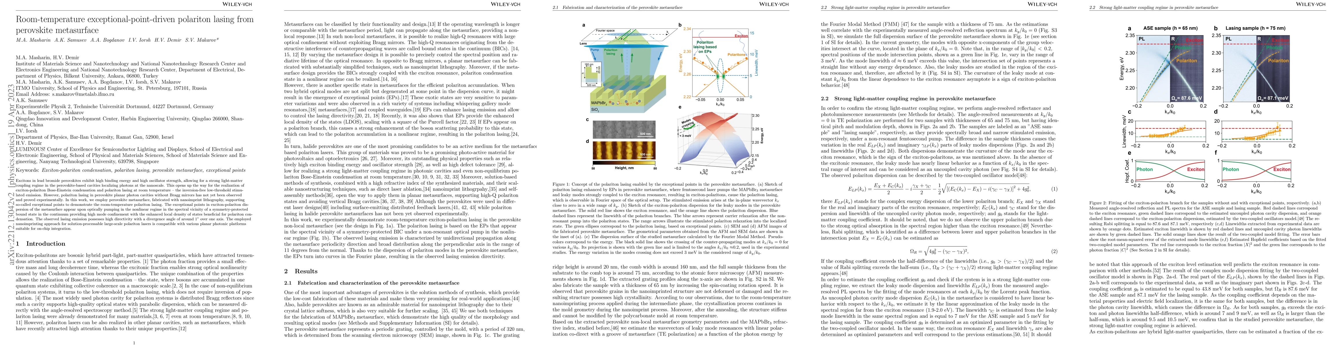 Thumbnail for Room-temperature exceptional-point-driven polariton lasing from
  perovskite metasurface