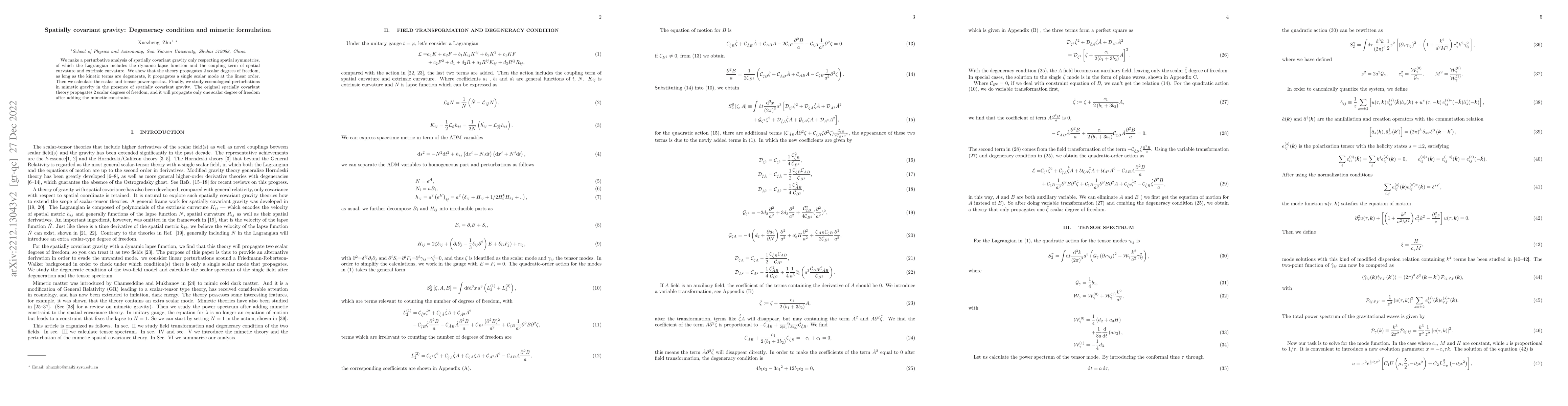 Thumbnail for Spatially covariant gravity: Degeneracy condition and mimetic
  formulation