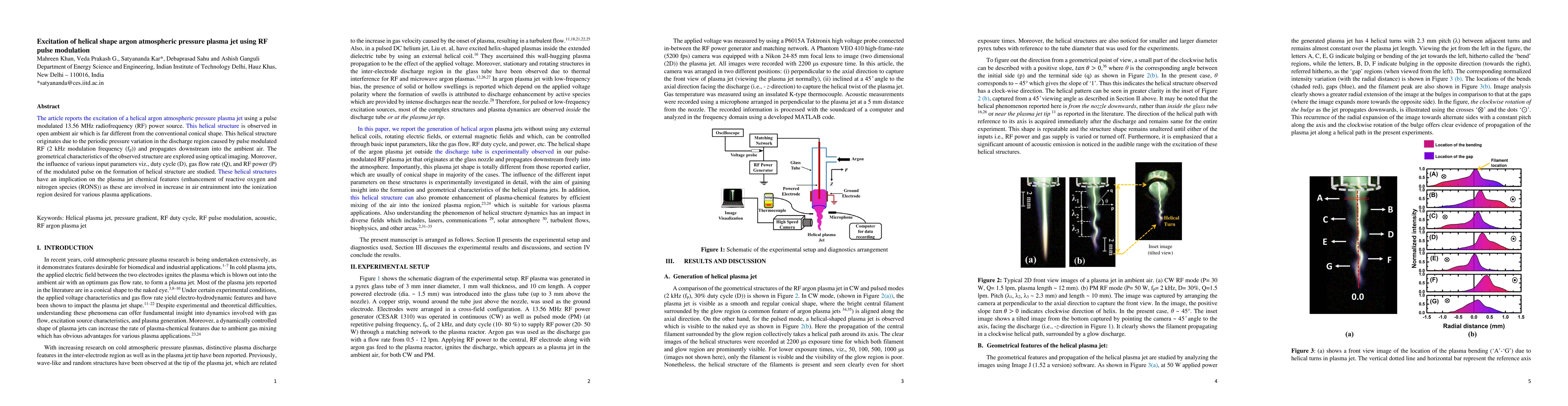 Thumbnail for Excitation of helical shape argon atmospheric pressure plasma jet using
  RF pulse modulation