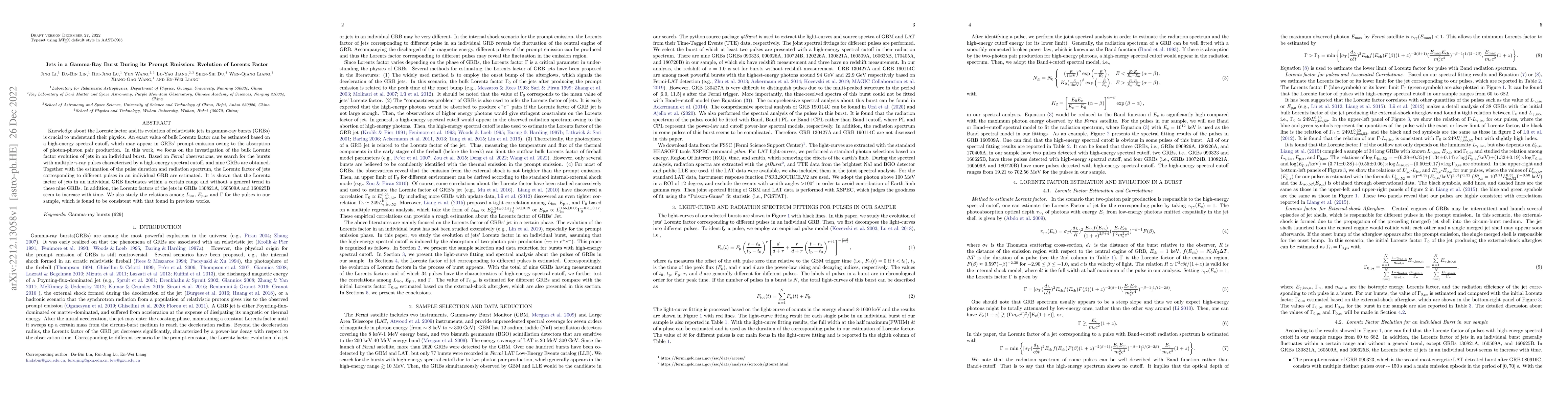 Thumbnail for Jets in a Gamma-Ray Burst During its Prompt Emission: Evolution of
  Lorentz Factor