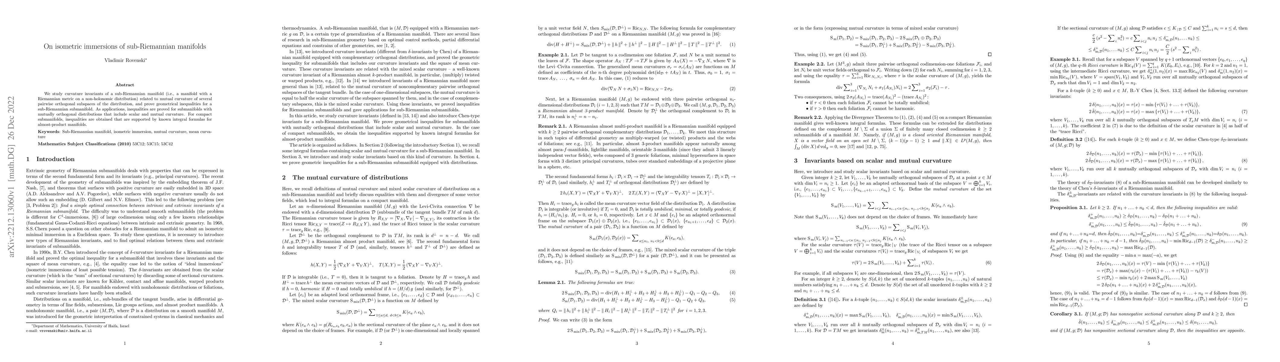 Thumbnail for On isometric immersions of sub-Riemannian manifolds