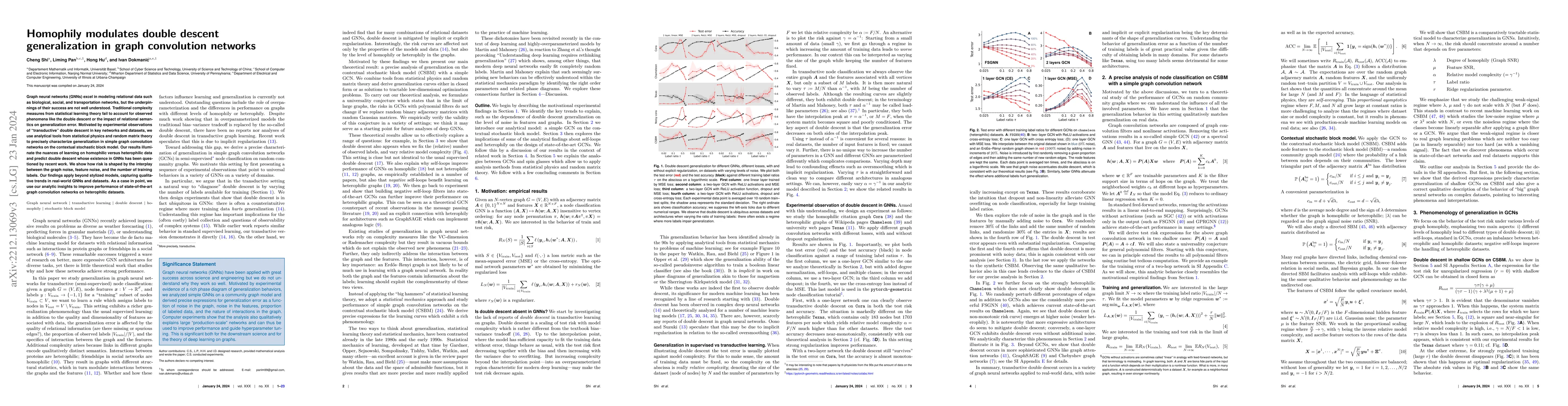 Thumbnail for Homophily modulates double descent generalization in graph convolution
  networks