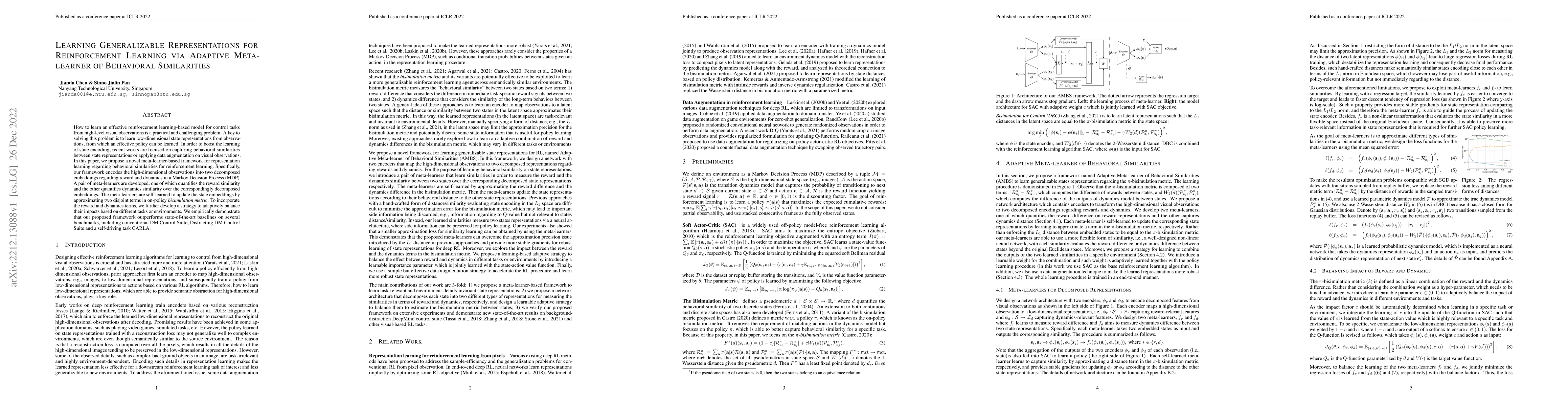 Thumbnail for Learning Generalizable Representations for Reinforcement Learning via
  Adaptive Meta-learner of Behavioral Similarities