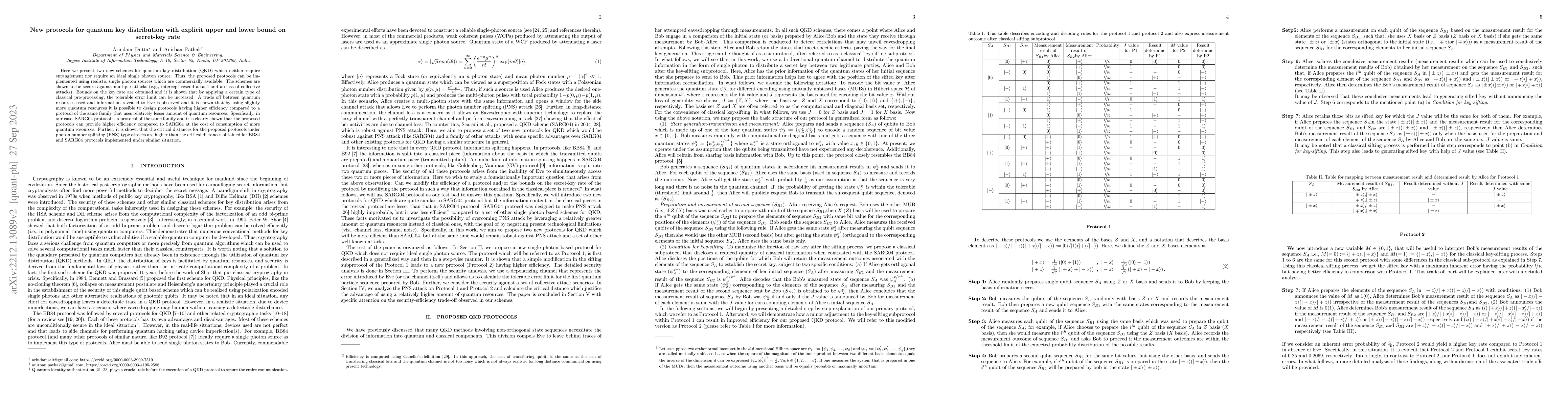 Thumbnail for New protocols for quantum key distribution with explicit upper and lower
  bound on secret-key rate