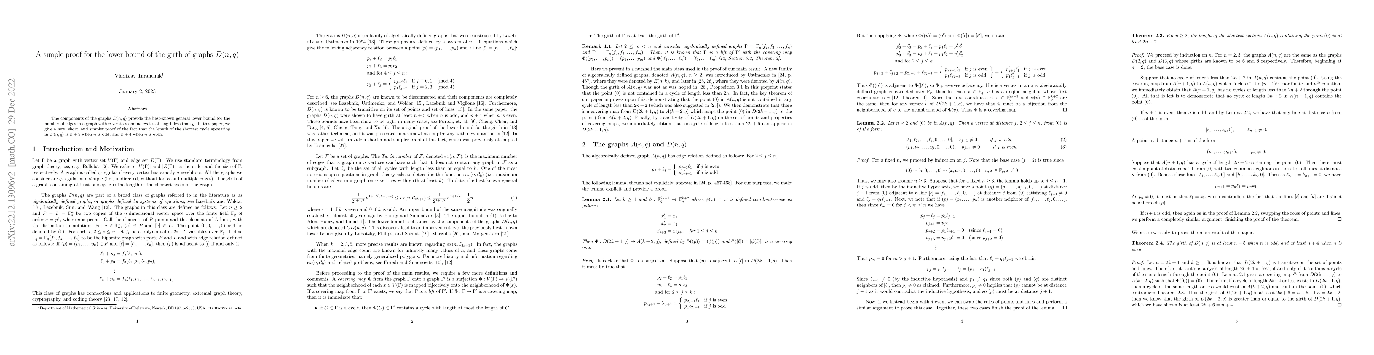 Thumbnail for A simple proof for the lower bound of the girth of graphs $D(n, q)$