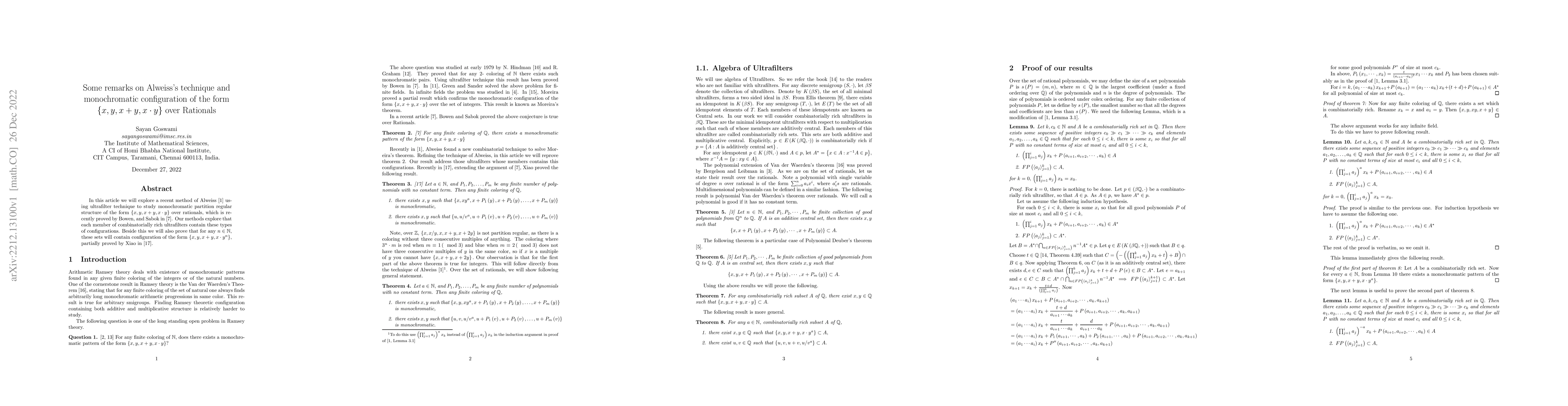 Thumbnail for Some remarks on Alweiss's technique and monochromatic configuration of
  the form $\left\{ x,y,x+y,x\cdot y\right\} $ over Rationals