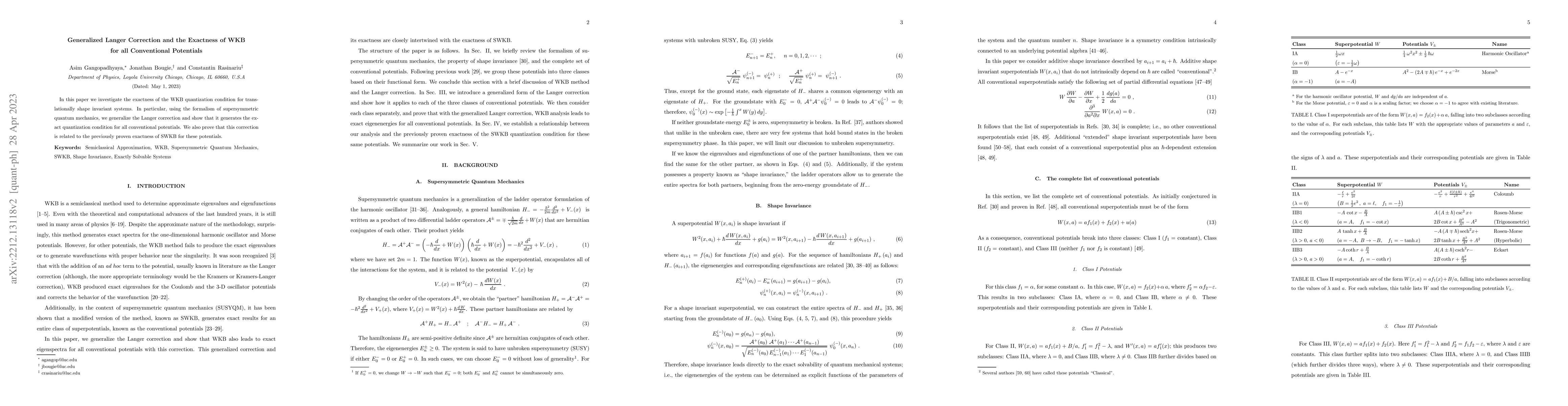 Thumbnail for Generalized Langer Correction and the Exactness of WKB for all
  Conventional Potentials