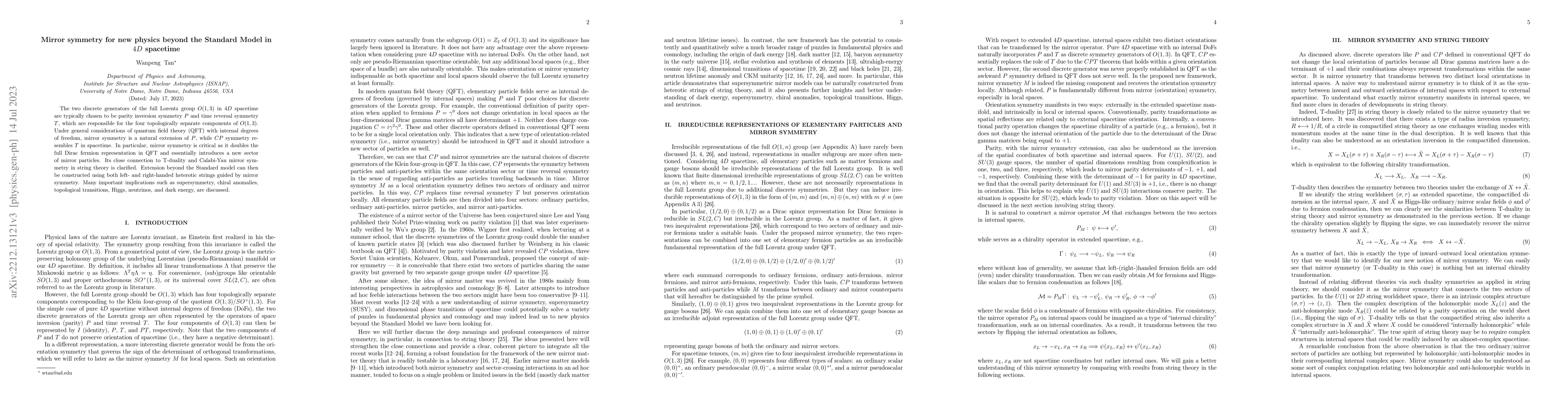 Thumbnail for Mirror symmetry for new physics beyond the Standard Model in $4D$
  spacetime
