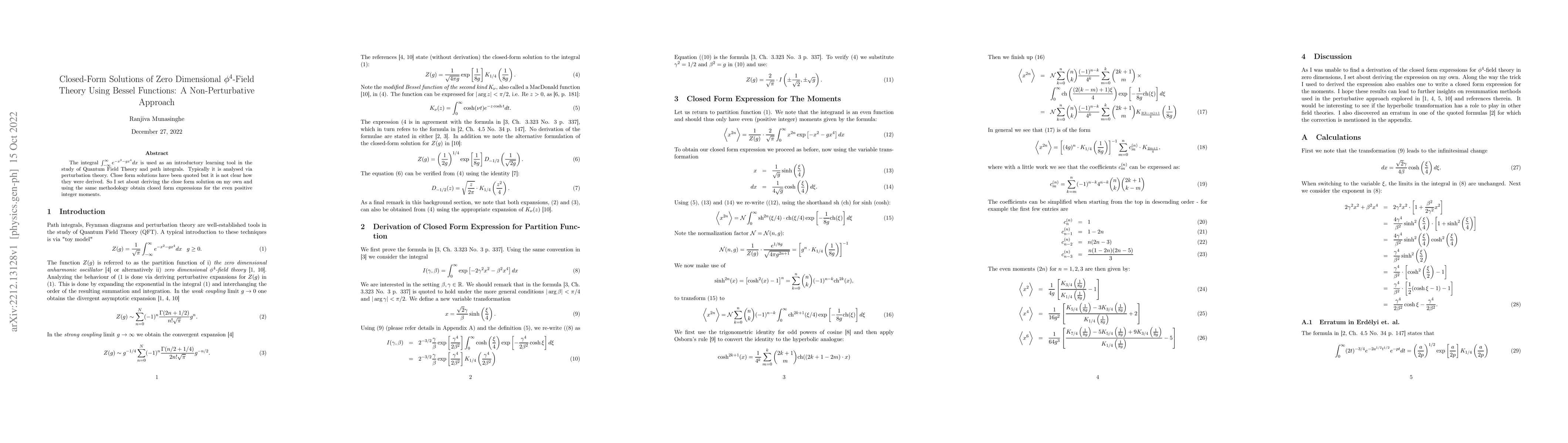 Thumbnail for Closed-Form Solutions of Zero Dimensional $\phi^4$-Field Theory Using
  Bessel Functions: A Non-Perturbative Approach