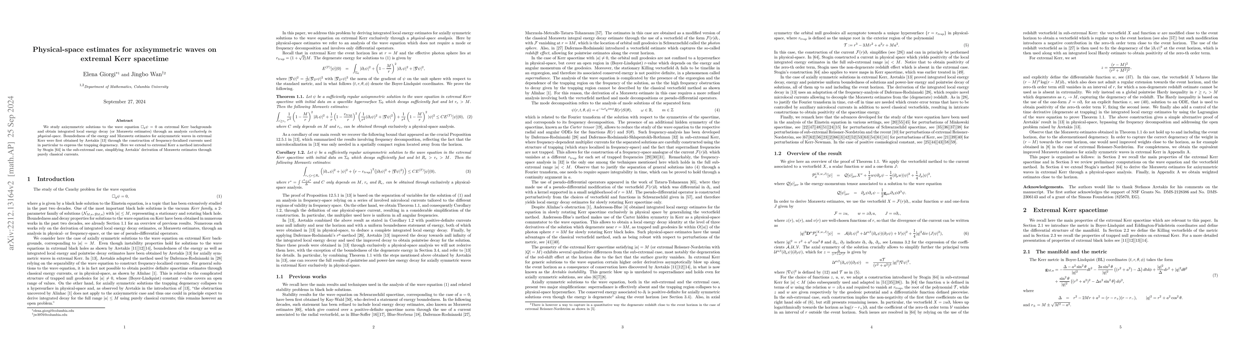 Thumbnail for Physical-space estimates for axisymmetric waves on extremal Kerr
  spacetime