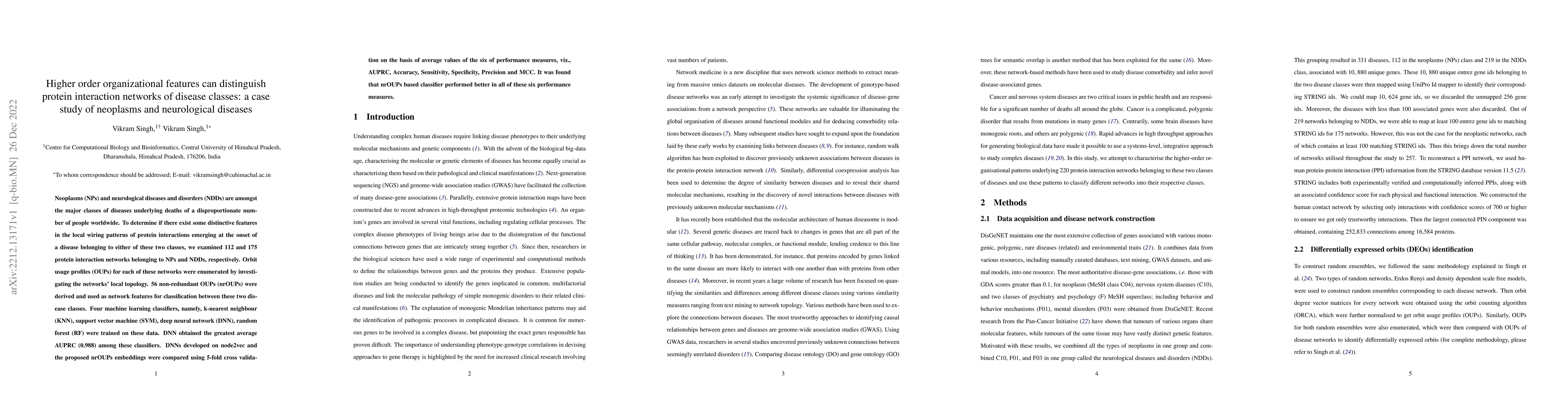 Thumbnail for Higher order organizational features can distinguish protein interaction
  networks of disease classes: a case study of neoplasms and neurological
  diseases
