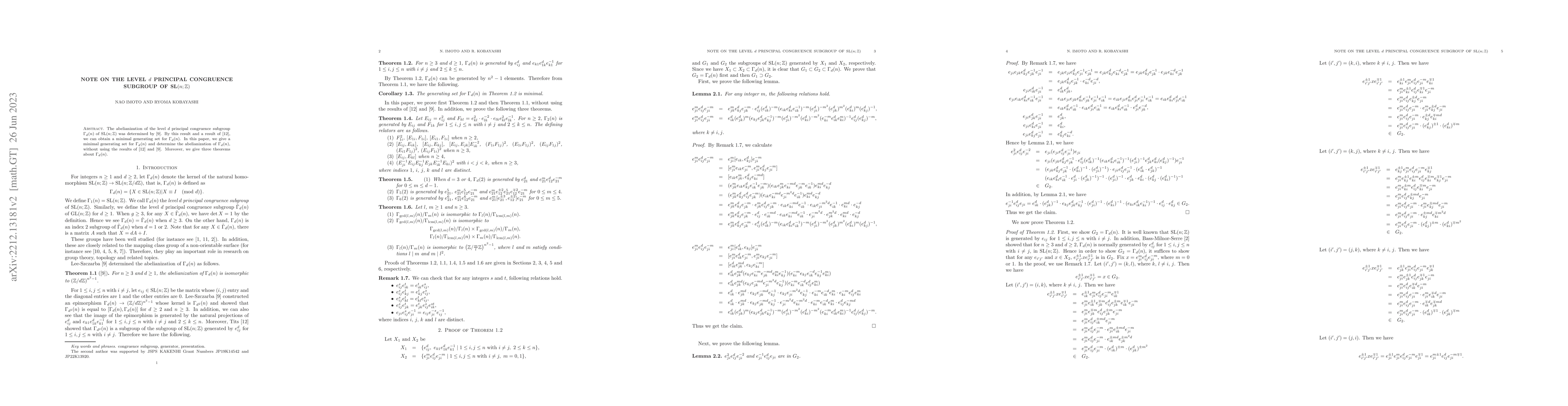 Thumbnail for The level $d$ principal congruence subgroup of
  $\textrm{SL}(n;\mathbb{Z})$